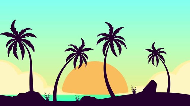 Beach landscape view with swaying coconut tree silhouette, moving coconut tree animation suitable for summer theme