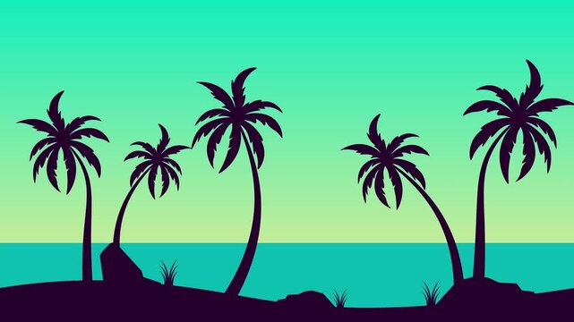 Beach landscape view with swaying coconut tree silhouette, moving coconut tree animation suitable for summer theme