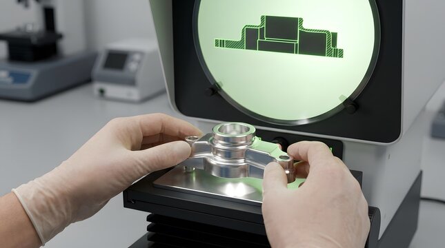Industrial quality control inspector measuring precision metal part with optical comparator.