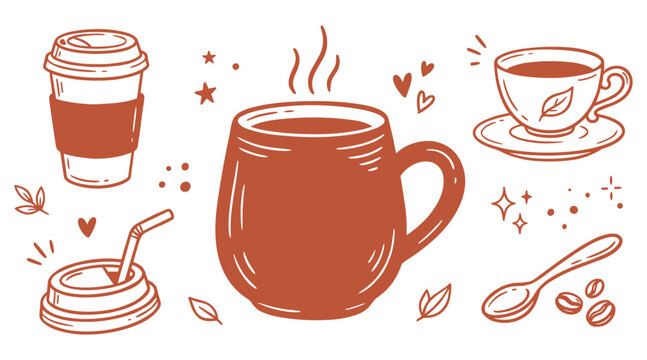 Hand drawn doodle set vector hot coffee mug with paper cup teacup spoon and coffee beans