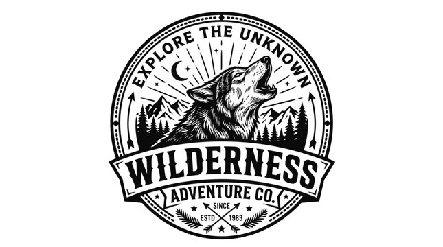 Vintage badge logo design with a howling wolf in the wilderness.