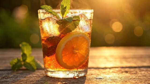 Refreshing iced tea with lemon and mint garnish, condensation on glass, backlit by warm golden hour sunlight, outdoor setting on wooden surface, summer beverage