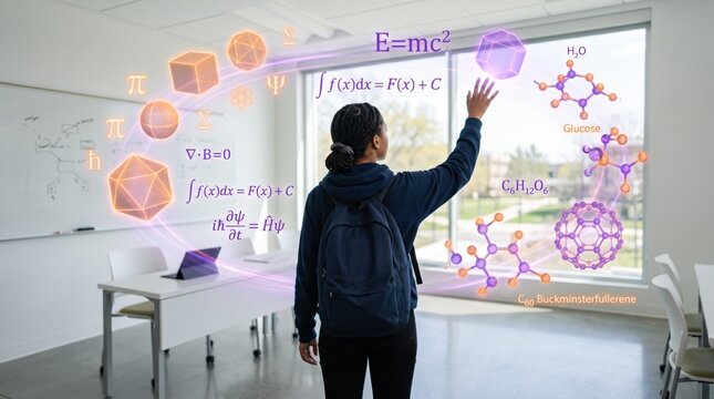Student interacting with holographic science equations and molecular structures in modern classroom, education concept