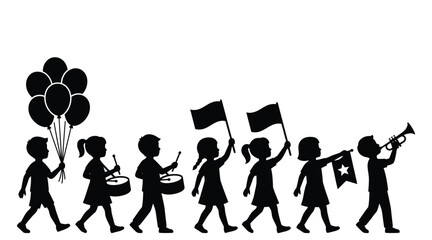 Silhouettes of children in a parade with balloons and flags © Creative SA