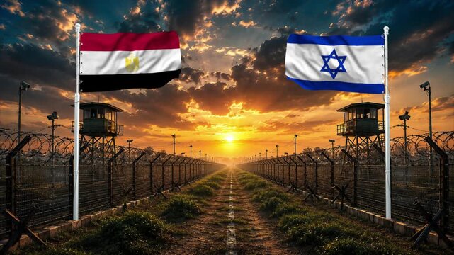 Sunset over a border fence with flags of Egypt and Israel. Peaceful international boundary scene.