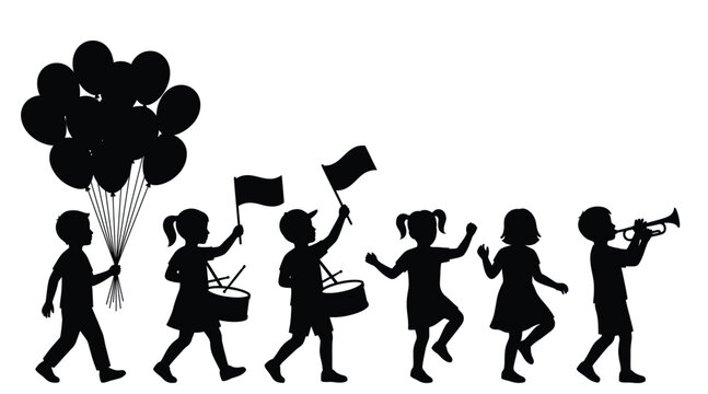 Silhouettes of children in a parade with balloons and instruments