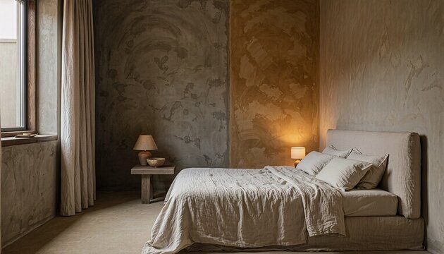 Minimalist bedroom interior featuring a linen bed beside textured plaster walls and illuminated wooden nightstand lamps.