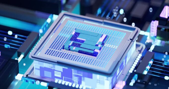 Advanced computer processor glowing on a futuristic motherboard with illuminated electronic connections.
