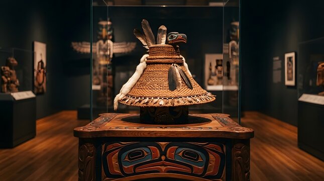 Intricate Woven Hat Displayed on Carved Wooden Table in Museum Gallery