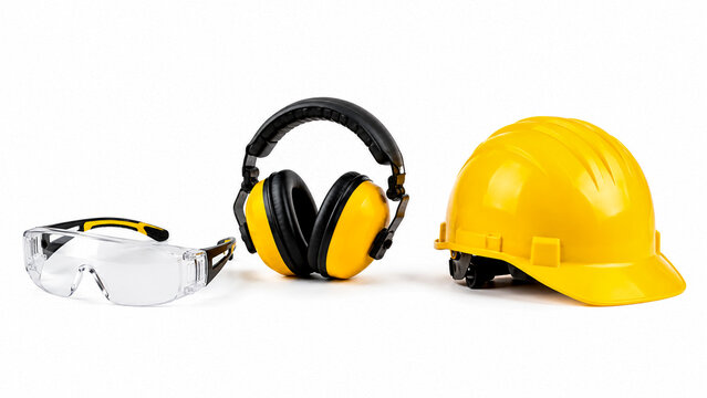 Personal protective equipment set with hard hat earmuffs and safety glasses on white background.
