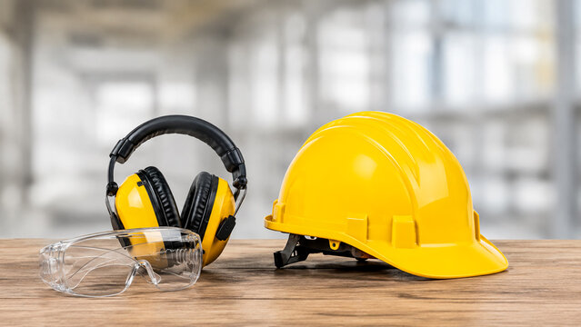 Personal protective equipment set with hard hat earmuffs and safety glasses on white background.