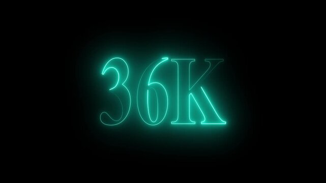 Glowing Teal Neon 36 K Number Sign on Black Background thirty six thousand