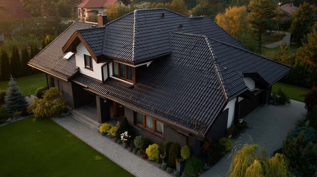 Aerial oblique view of two-story suburban house with dark tile roof and landscaped lawn at golden hour