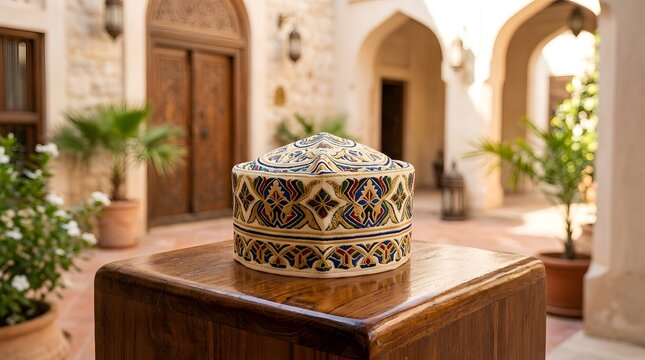 Decorative Ceramic Jar with Intricate Geometric Pattern on Wooden Table