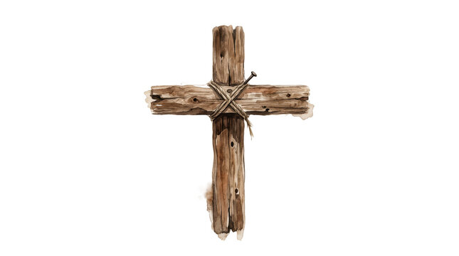 Soft watercolor painting of rustic Christian wooden cross with paint bleeds