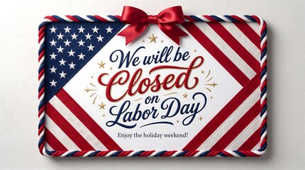 Fototapeta premium We Will Be Closed on Labor Day Sign with US Flag Border and Red Ribbon for Business Storefront Holiday Announcement
