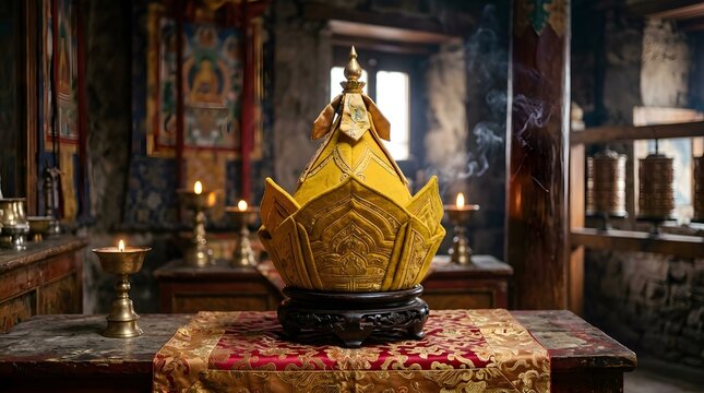 Golden Crowned Statue Altar Piece Inside Medieval Chapel