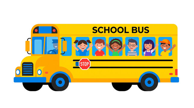 Yellow school bus illustration with happy diverse children, cartoon school bus transport for students, educational vehicle with stop sign and driver