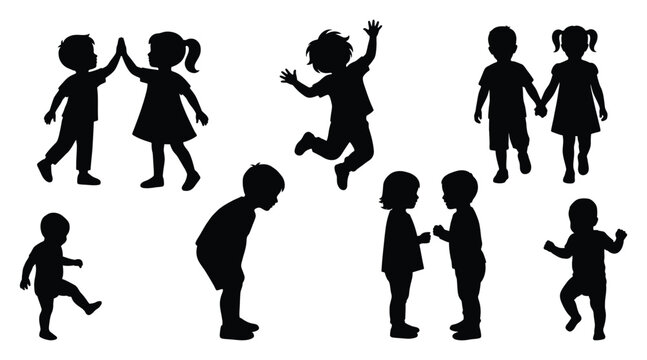 Set of silhouettes of children playing and interacting