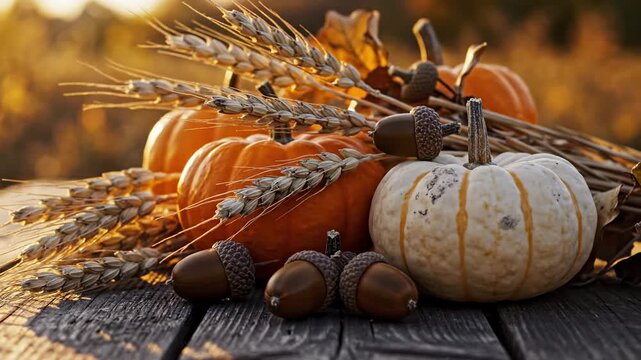 Autumn harvest arrangement with pumpkins, acorns, and wheat stalks on weathered wooden planks, warm golden hour light, rustic fall season celebration