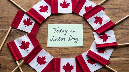 Obraz premium Today is Labor Day Canada National Holiday with Small Canadian Flags on Rustic Wooden Background Flat Lay Design