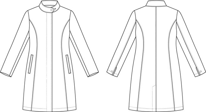 Stand collar long coat fashion flat sketch technical drawing vector template for apparel and clothing design manufacturing
