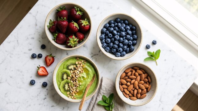 Beautiful flat lay overhead composition displays vibrant healthy superfoods arranged in ceramic bowls on a pristine white marble tabletop.