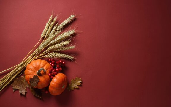 Festive thanksgiving day background with pumpkins and wheat stalks on a deep red textured surface