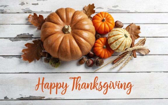 Festive autumn pumpkins and dry leaves on a white wooden background for thanksgiving day holiday celebration