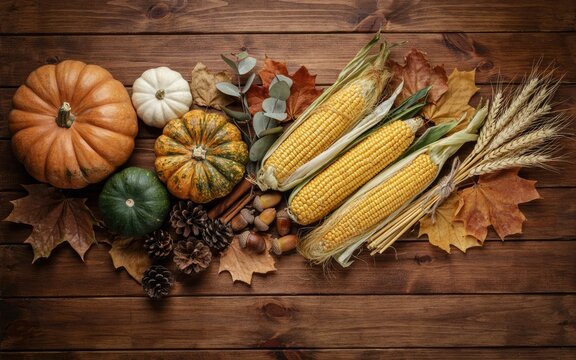 Top view of seasonal harvest vegetables and autumn leaves for a traditional thanksgiving day celebration background