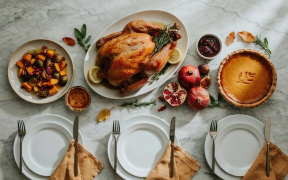 Top view of a festive thanksgiving day dinner table featuring roasted turkey and traditional autumn sides
