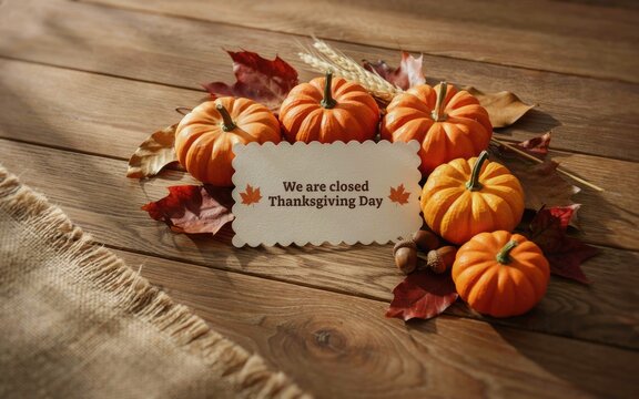 Festive thanksgiving day greeting card with small pumpkins and autumn leaves on rustic wooden table background