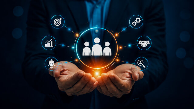 Human resource management and customer relationship network concept in hand.