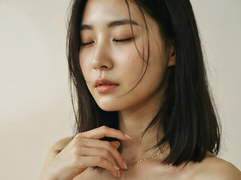 Portrait of a young east asian woman with dark hair, touching her neck, wearing a delicate gold necklace, against a neutral beige background