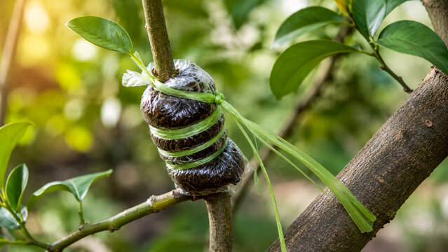 Air layering propagation technique wrapped on a tree branch in a garden.