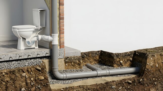 Close up view of floor mounted toilet plumbing connection leading to underground drain pipe system. Floor mounted toilet pipe connection under foundation.