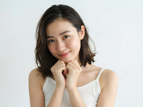 Portrait of a young asian woman with shoulder length dark hair wearing a white tank posing with hands under chin on white background