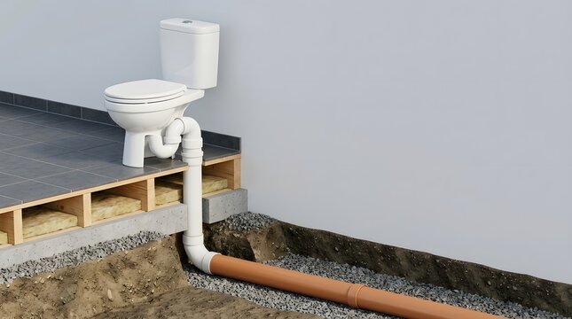Cross section view of modern house flooring showing toilet drainage pipes installed in subfloor. Subfloor toilet drainage pipes installation cross section.