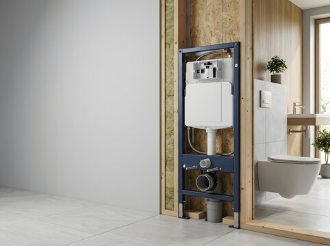 Installation process of wall mounted toilet frame inside unfinished room with insulation material.