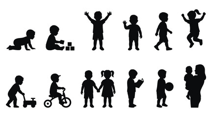 Obraz premium Set of silhouettes of children in different poses and activities