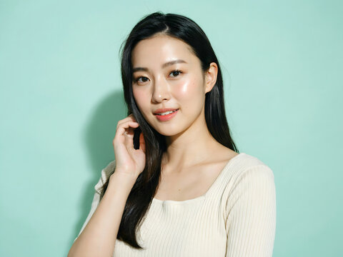 Portrait of a young east asian woman with long dark hair, smiling, wearing a beige ribbed against a light green background, studio shot