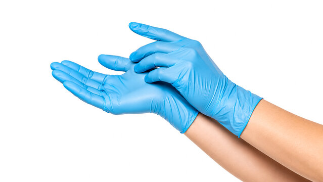 Blue disposable medical nitrile gloves for hand protection on white background.