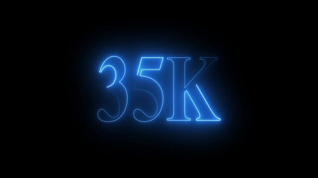 Bright blue neon number 35 K illuminated on a dark background thirty five thousand social media