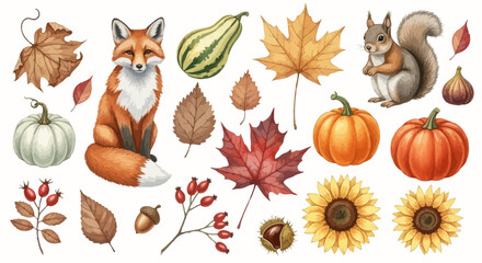 Obraz premium Watercolor autumn clipart elements set with woodland animals pumpkin and leaves