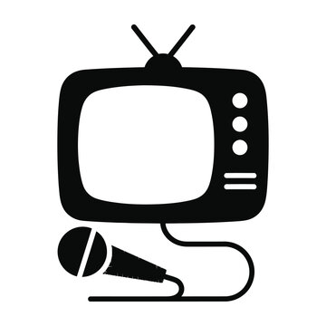 Television with microphone connected, old retro tv set with antenna