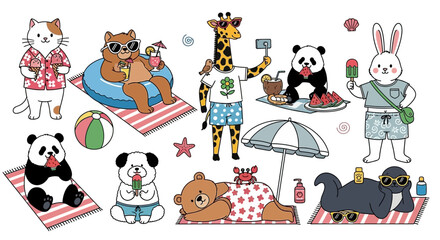 Cute animals enjoying summer vacation holiday set with bear panda giraffe rabbit seal eating ice cream sunbathing on beach