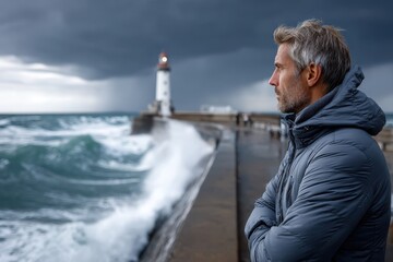 Fototapeta premium Deep reflection of a man on a pier as stormy waves crash near a lighthouse at dusk