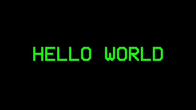 Classic green HELLO WORLD text appears on a black terminal screen, creating a clean programming interface inspired by vintage computer consoles