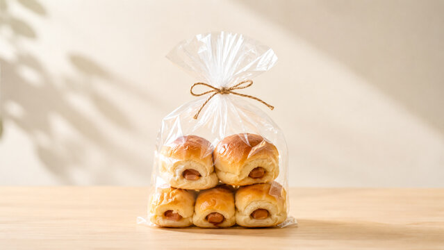 Mini sausage rolls packed in a clear plastic bag tied with string on a wooden table.