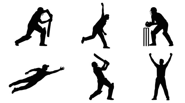 Cricket player silhouettes set, professional cricket athletes in action poses, black vector sports icons for tournament branding and competition posters